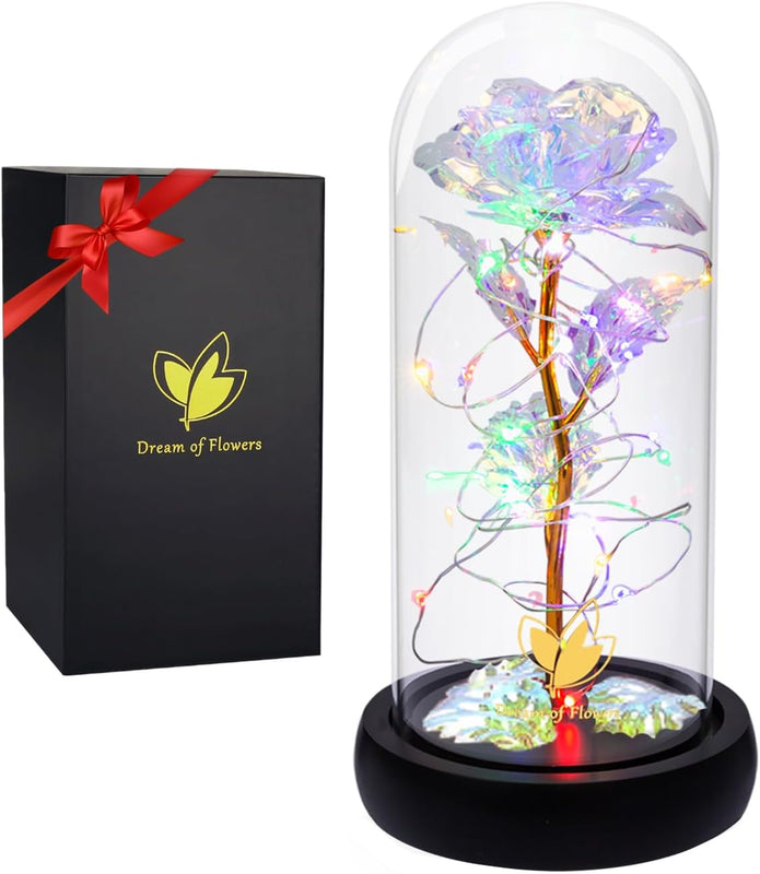 Valentines Day Gifts,Beauty and the Beast Rose,Preserved Flowers Gifts,Light up Rose Flower in Glass Dome,Birthday Gifts for Women,Mom,Girlfriend Wife Anniversary,Valentines (24K Colorful Rose)