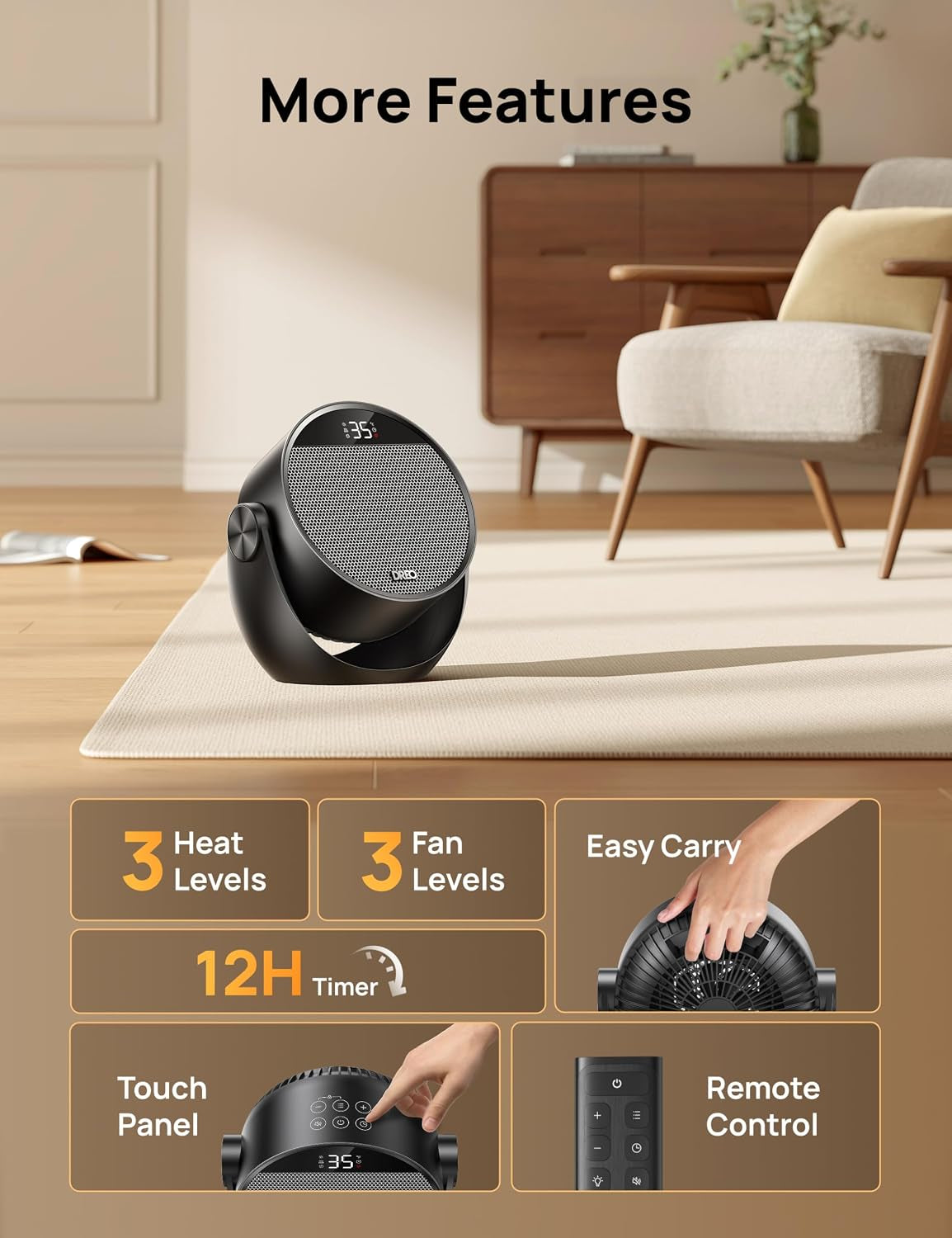 1500W Portable Electric Heater for Home, 60° Adjustable Tilt, 10.5Ft/S Fan Heater with Remote, 8 Safety Protections, 12H Timer, 3 Modes, Silent Small Ceramic Space Heaters for Bedroom, Atom 320