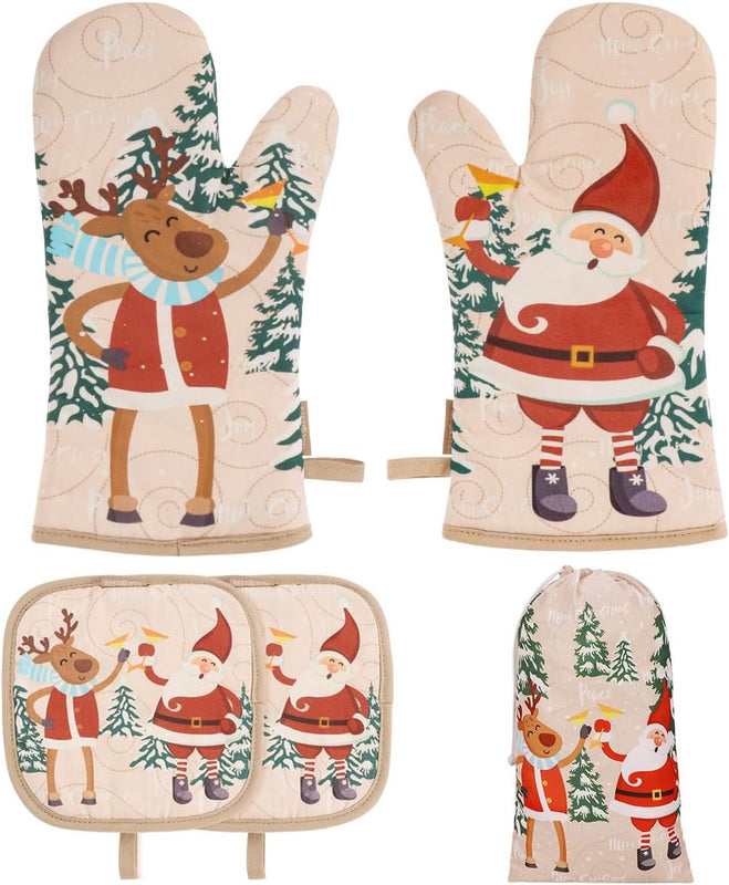 Bestonzon 5Pcs Christmas Oven Mitts and Pot Holders Sets, Heat Resistant Oven Gloves, Christmas Kitchen Decor for Kitchen Cooking Baking Grill Baking BBQ and Accessories