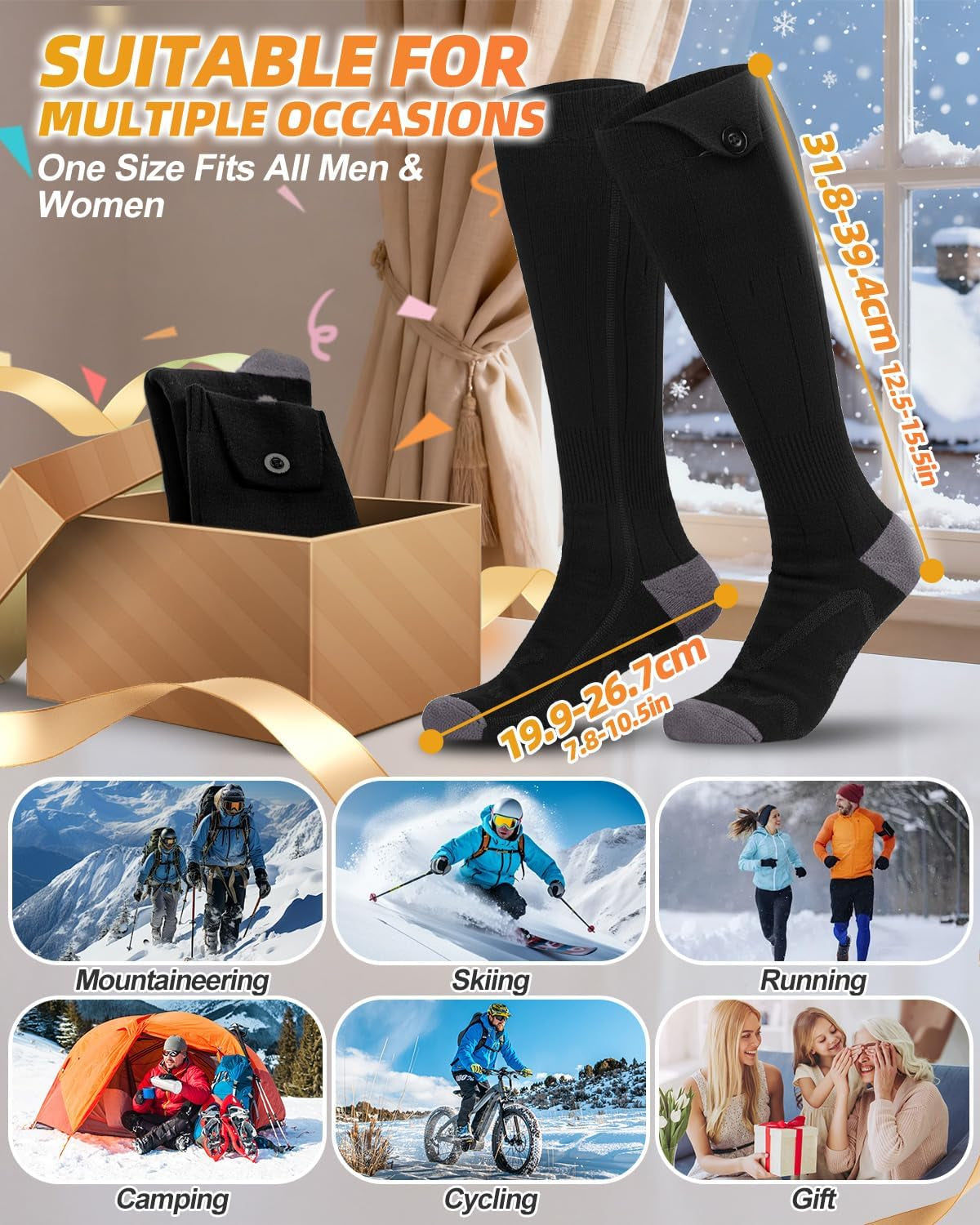 Heated Socks, 5V Rechargeable Heated Socks for Men Women, 5000 Mah Large Battery with 4 Gear Settings, Washable Heating Electric Socks for Ski Hunting Hiking Outdoor, Black