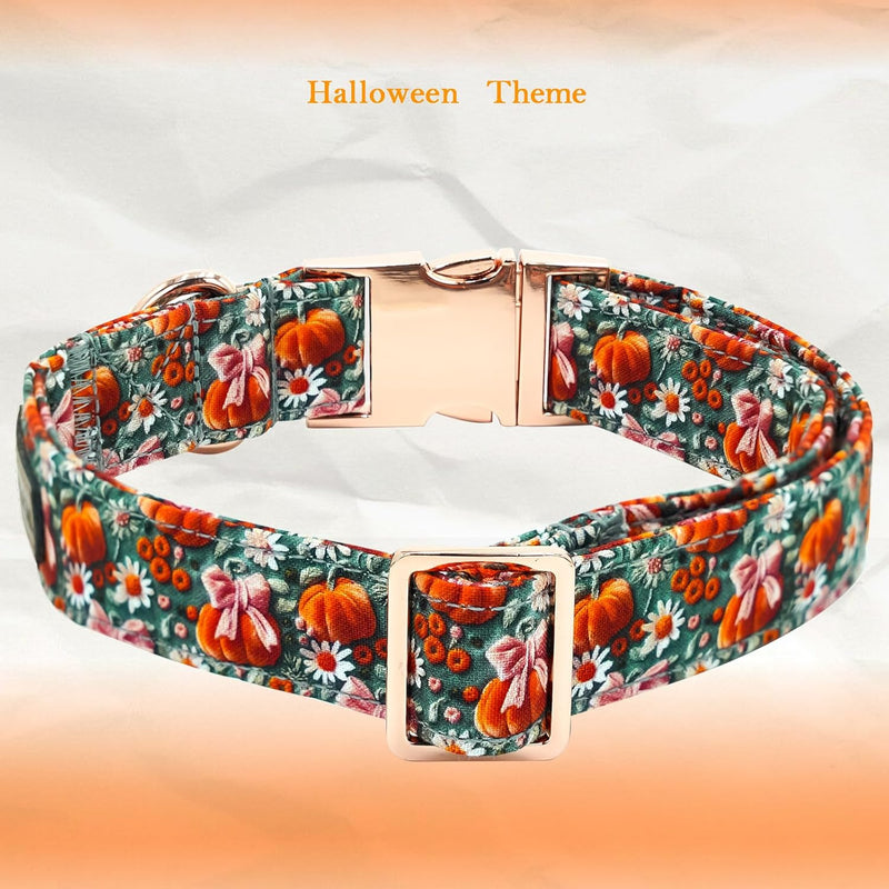 Elegant Little Tail Fall Dog Collar, Halloween Pet Collars with Bow Cute Flower Pumpkin Print Puppy Collar Female or Male Cotton Adjustable Collars for Small Medium Large Dogs
