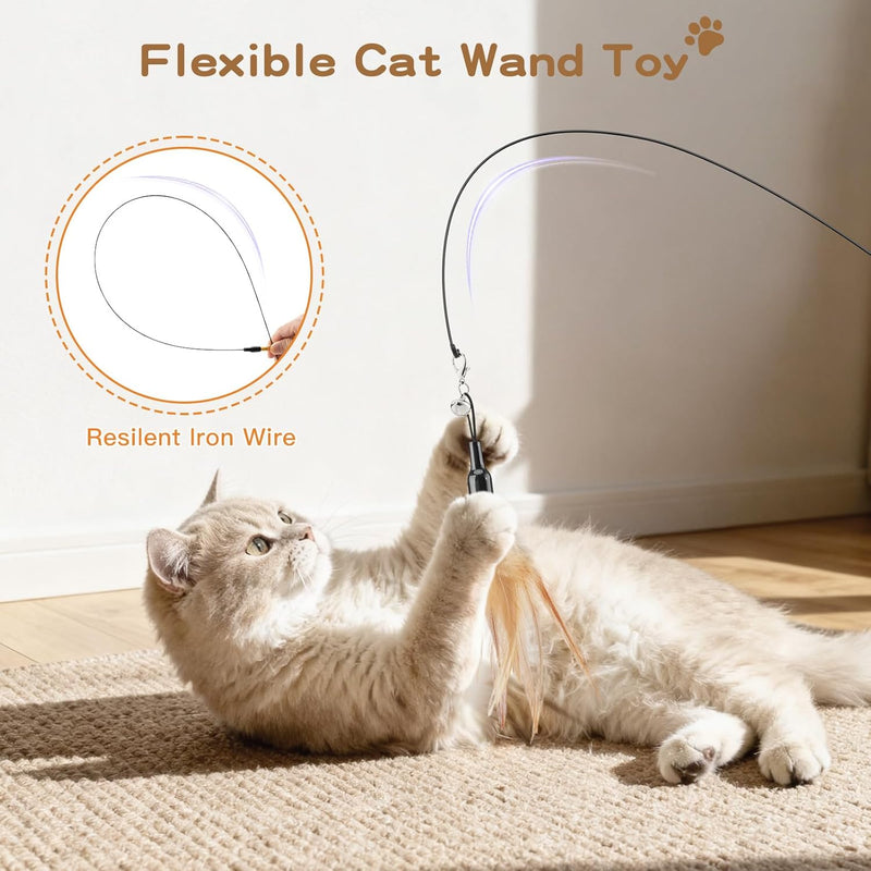 Pawaboo Cat Feather Wand Interactive Toy, 2 Feathers + 1 Wand with Bell | Cat Feather Teaser Toys Flying Catcher Extra Long 34.5" Wand Exerciser Playing Chase Cat Toy Wands for Kitten or Cats, Brown
