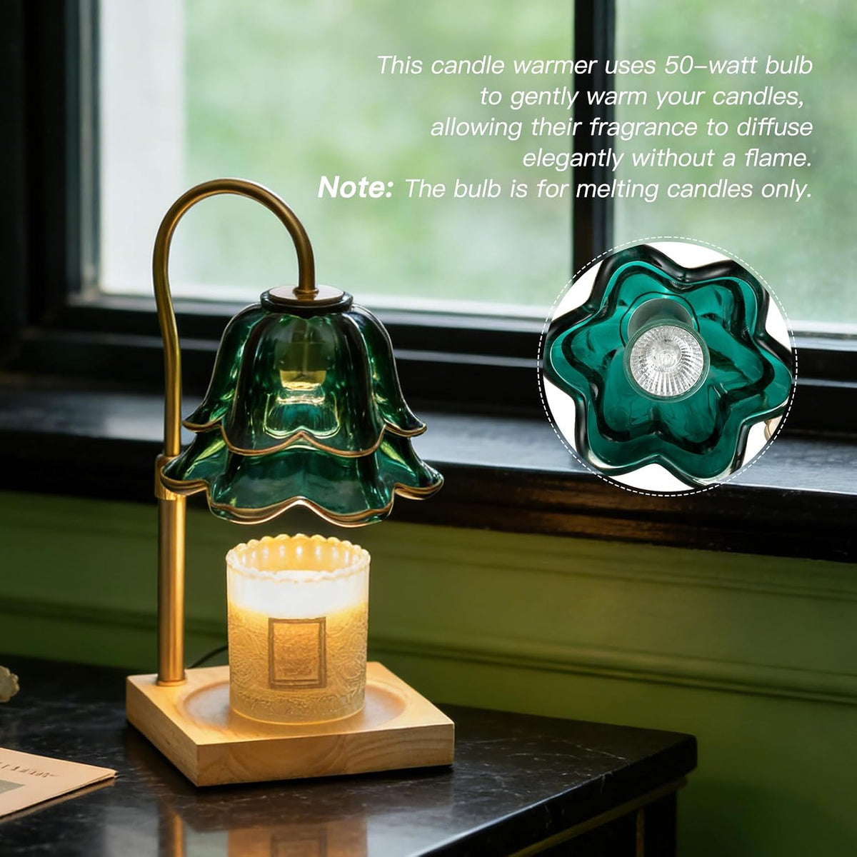 Candle Warmer Lamp with Timer, Green Flower Dimmable Wax Melt Lamp