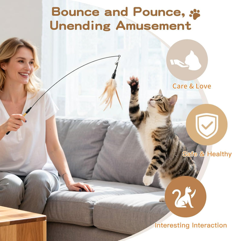 Pawaboo Cat Feather Wand Interactive Toy, 2 Feathers + 1 Wand with Bell | Cat Feather Teaser Toys Flying Catcher Extra Long 34.5" Wand Exerciser Playing Chase Cat Toy Wands for Kitten or Cats, Brown