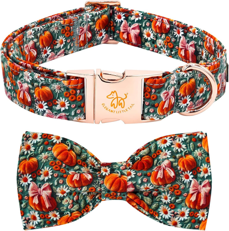Elegant Little Tail Fall Dog Collar, Halloween Pet Collars with Bow Cute Flower Pumpkin Print Puppy Collar Female or Male Cotton Adjustable Collars for Small Medium Large Dogs