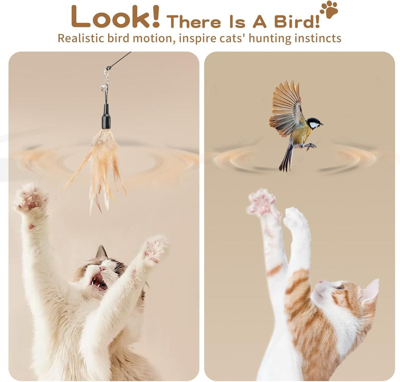 Pawaboo Cat Feather Wand Interactive Toy, 2 Feathers + 1 Wand with Bell | Cat Feather Teaser Toys Flying Catcher Extra Long 34.5" Wand Exerciser Playing Chase Cat Toy Wands for Kitten or Cats, Brown
