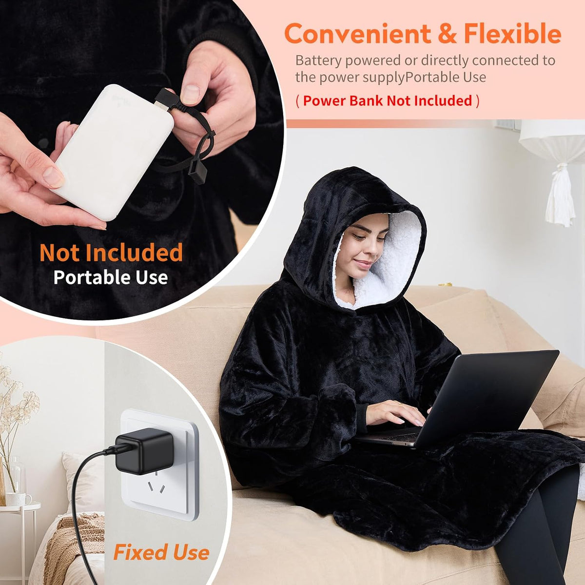 Askyli Wearable Heated Blanket Hoodie, USB Heated Oversized Hooded Blanket Adult 3 Heat Settings, Overheat Protection Cozy Warm Heated Hoodie Blanket Sweatshirt for Women with Sleeves & Giant Pocket