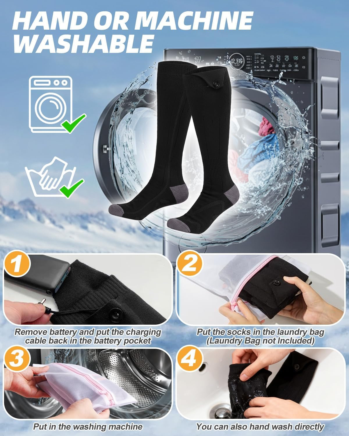 Heated Socks, 5V Rechargeable Heated Socks for Men Women, 5000 Mah Large Battery with 4 Gear Settings, Washable Heating Electric Socks for Ski Hunting Hiking Outdoor, Black