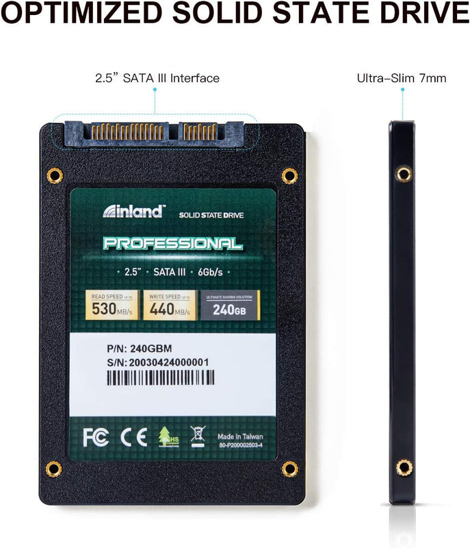 INLAND Pro 240GB SSD 3D NAND SATA III 2.5" 7Mm Internal Solid State Drive | 3D TLC NAND Flash, up to 530Mb/S Read & 440Mb/S Write, SATA III 6Gb/S Interface, Laptop & Desktop PC Upgrade, Professional