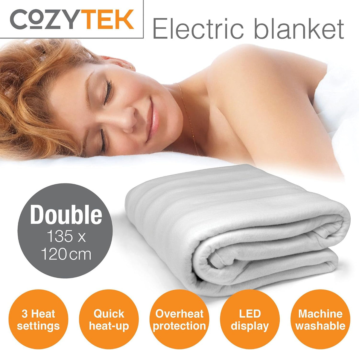 Double Electric Blanket, 3 Heat Settings, Machine Washable