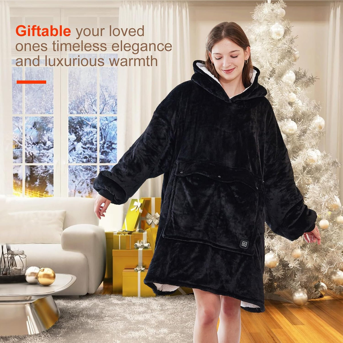 Askyli Wearable Heated Blanket Hoodie, USB Heated Oversized Hooded Blanket Adult 3 Heat Settings, Overheat Protection Cozy Warm Heated Hoodie Blanket Sweatshirt for Women with Sleeves & Giant Pocket