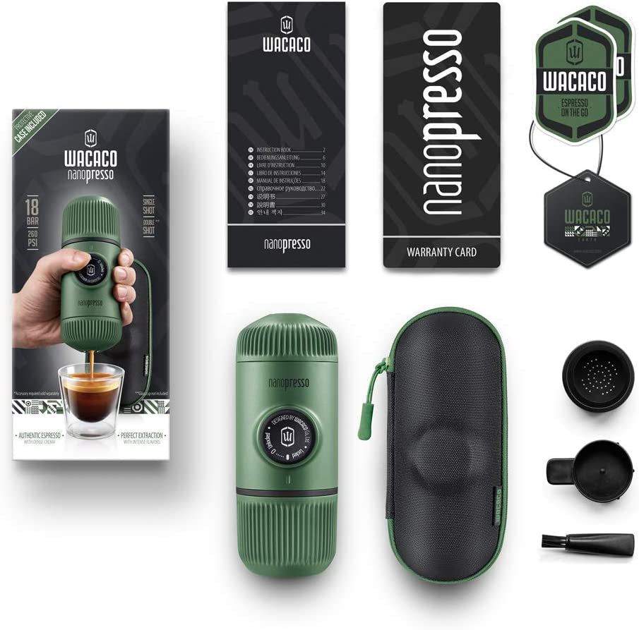WACACO Nanopresso Portable Espresso Maker Bundled with Protective Case, Upgrade Version of Minipresso, Mini Travel Coffee Machine, Perfect for Camping, Travel and Office (Elements Moss Green)