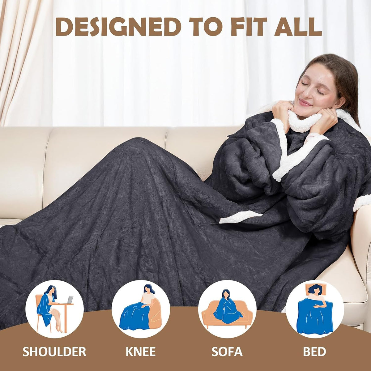 DOZAWA Wearable Heated Blanket with Foot Pocket, 52"X72" Electric Blanket with Sleeves for 12 Hours Timer, 6 Heat Settings, Flannel & Sherpa, Gray
