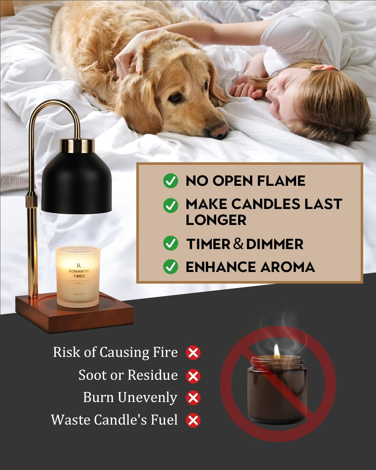 Black Candle Warmer Lamp Height Adjustable, Gifts for Women Mum Christmas
