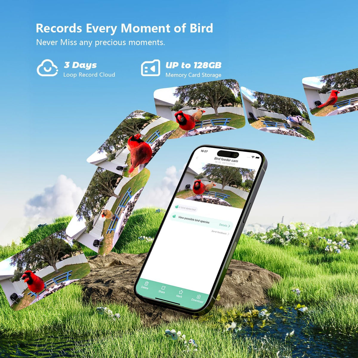 2K Smart Bird Feeders with Camera Solar Powered, Instant Bird Identify Notification, Live View, Squirrel Proof, Auto Capture and Record Videos, for Family and Bird Lovers