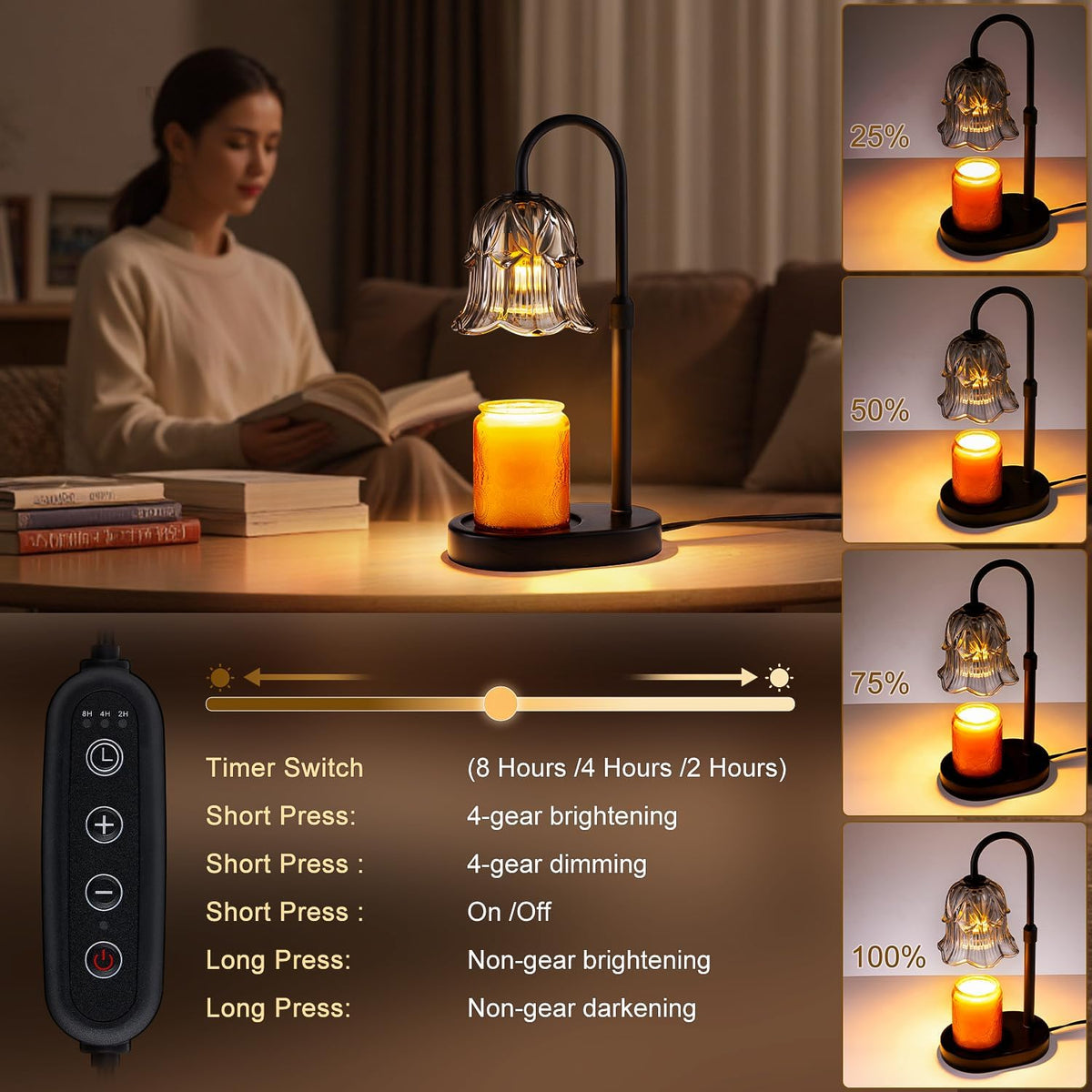 Candle Warmer Lamp with Timer - Dimmable Height Adjustable Electric Melter for Jar Candles Flameless with 2 Bulbs Gifts for Women Mum