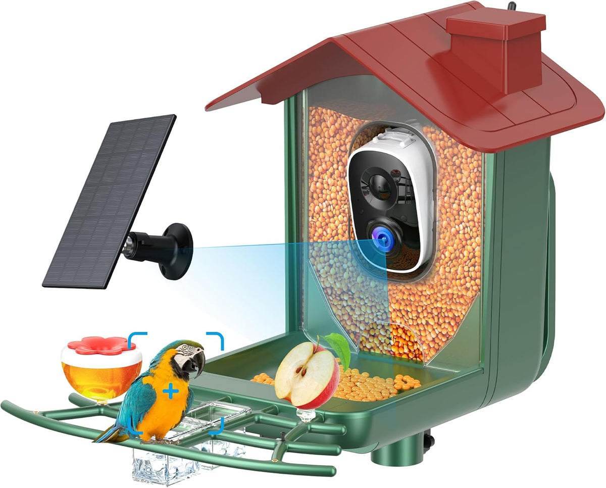 Smart Bird Feeder with Camera Outdoor: Solar Birdfeeder Cam for outside Garden - 2K HD Live Video Camera AI Recognition Visible Window Auto Capture - Bird Lover Gifts