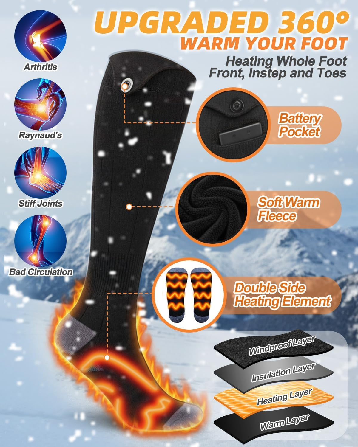 Heated Socks, 5V Rechargeable Heated Socks for Men Women, 5000 Mah Large Battery with 4 Gear Settings, Washable Heating Electric Socks for Ski Hunting Hiking Outdoor, Black