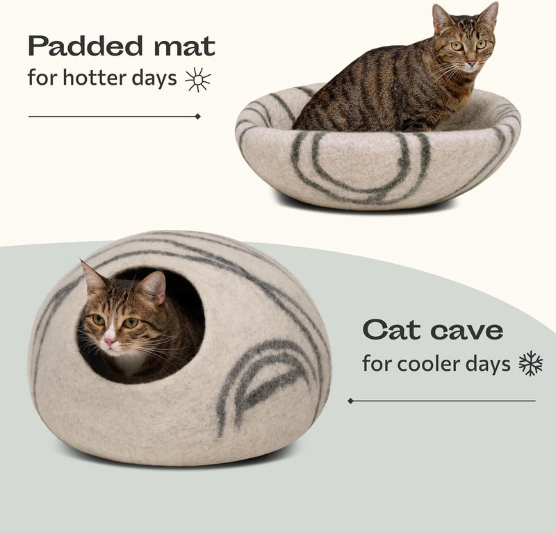 MEOWFIA Cat Cave - Merino Wool Bed for Indoor Cats (Light Gray, Medium) | Cat Bed Enclosure, Premium Felt, Handmade, Super Soft, Lightweight, Breathable, Adjustable Shape