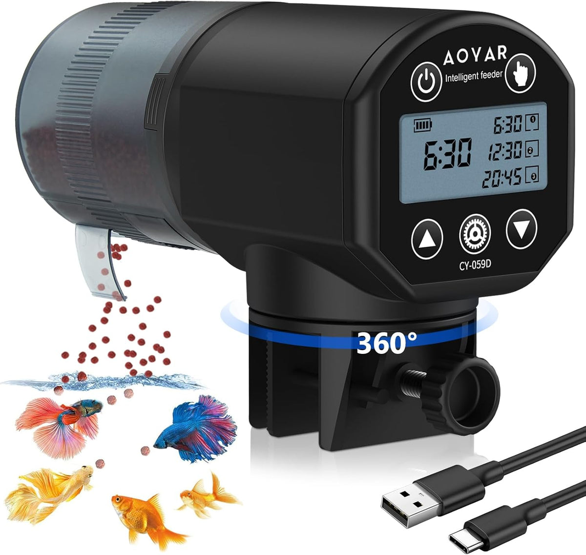 Automatic Fish Feeder for Aquarium: USB Rechargeable Auto Food Dispenser, 200 ML Moisture-Proof Timer with LCD Display, Vacation Fish Tank Timer