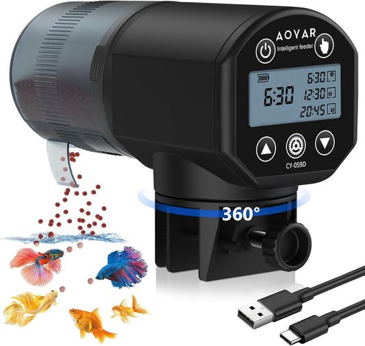 Automatic Fish Feeder for Aquarium: USB Rechargeable Auto Food Dispenser, 200 ML Moisture-Proof Timer with LCD Display, Vacation Fish Tank Timer