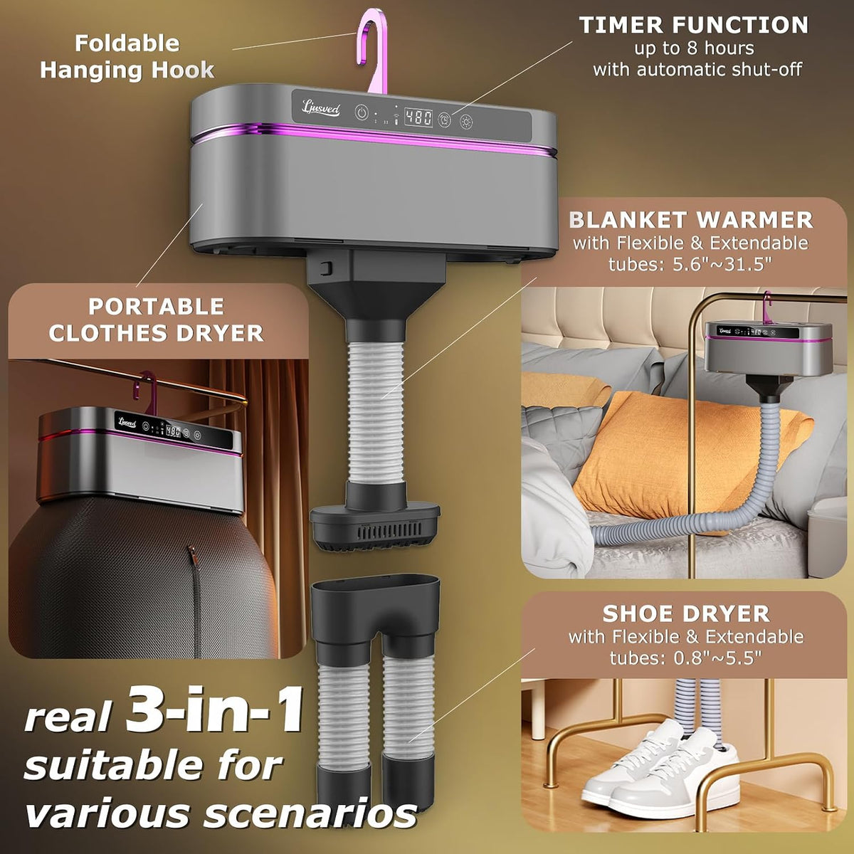 3 in 1 Portable Clothes Dryer and Shoe Dryer - Mini Portable Dryer Machine for Laundry Apartments and Travelling, Hotel Room, Dark Gray