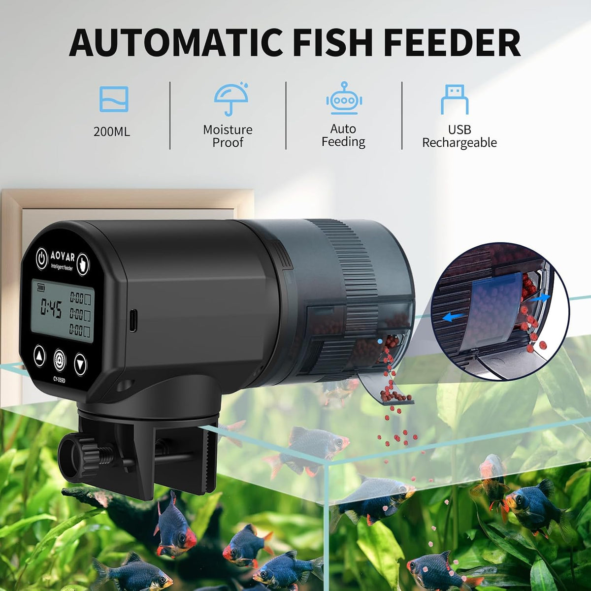 Automatic Fish Feeder for Aquarium: USB Rechargeable Auto Food Dispenser, 200 ML Moisture-Proof Timer with LCD Display, Vacation Fish Tank Timer