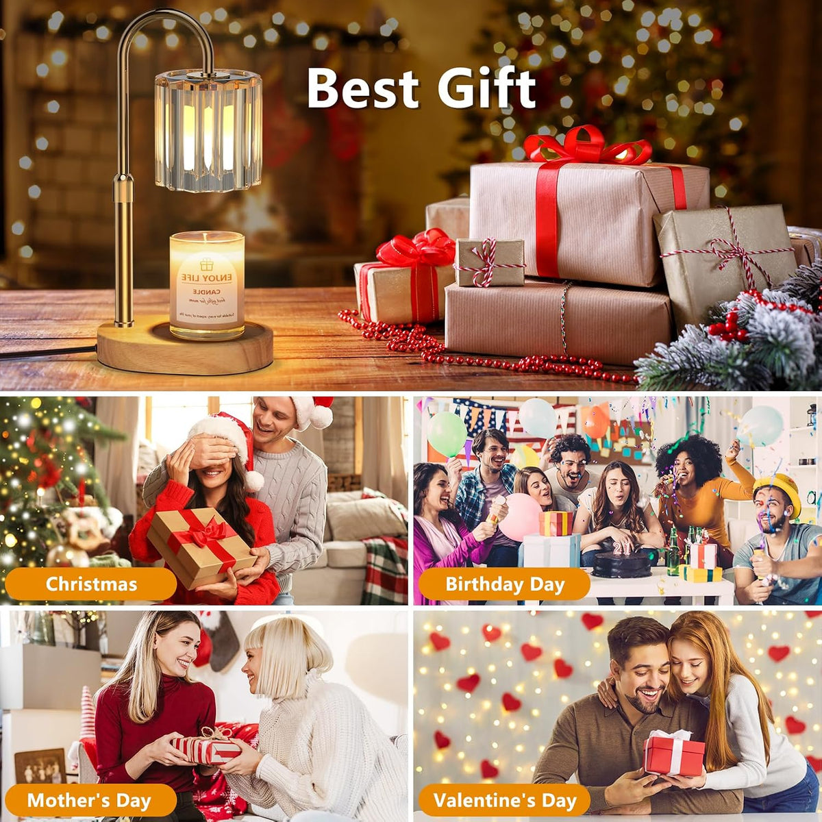 Candle Warmer Lamp with 2 Bulbs, Timer and Dimmer, Adjustable Height, Birthday Gifts for Women Mom, Wax Melt Warmer for Scented Jar Candles (074 Gold + 2 Replacement Bulbs)