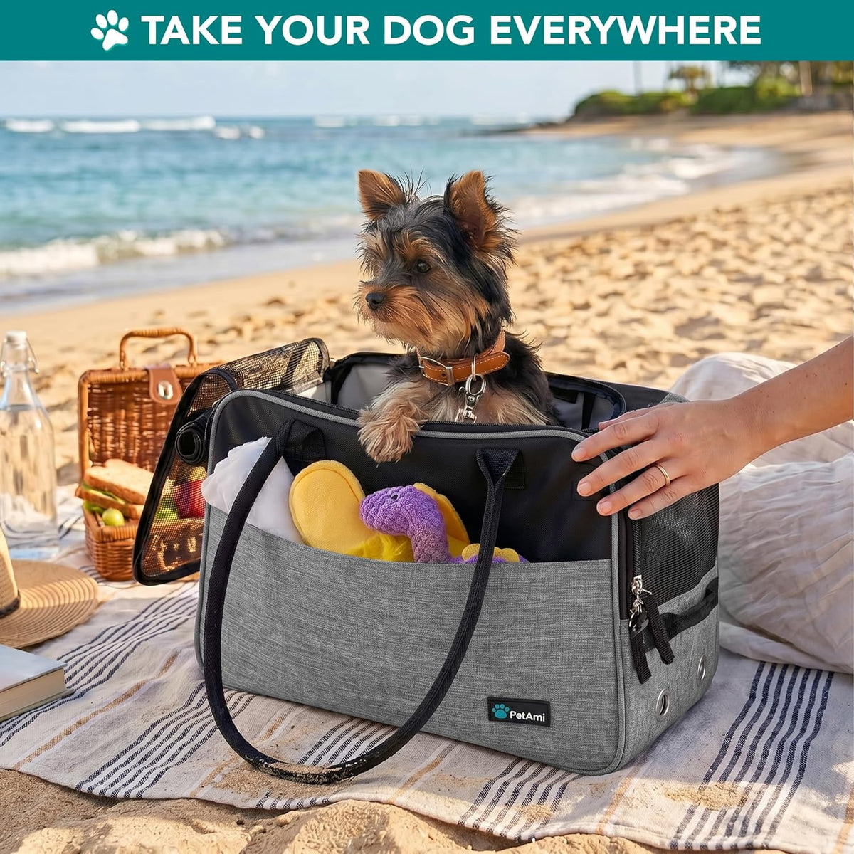 Petami Dog Purse Carrier for Small Dogs Cats, TSA Airline Approved Soft-Sided Pet Carrier with Pockets, Ventilated Travel Tote Bag with Bed & Shoulder Strap, Puppy Kitten, Max 12 Lbs, Heather Grey