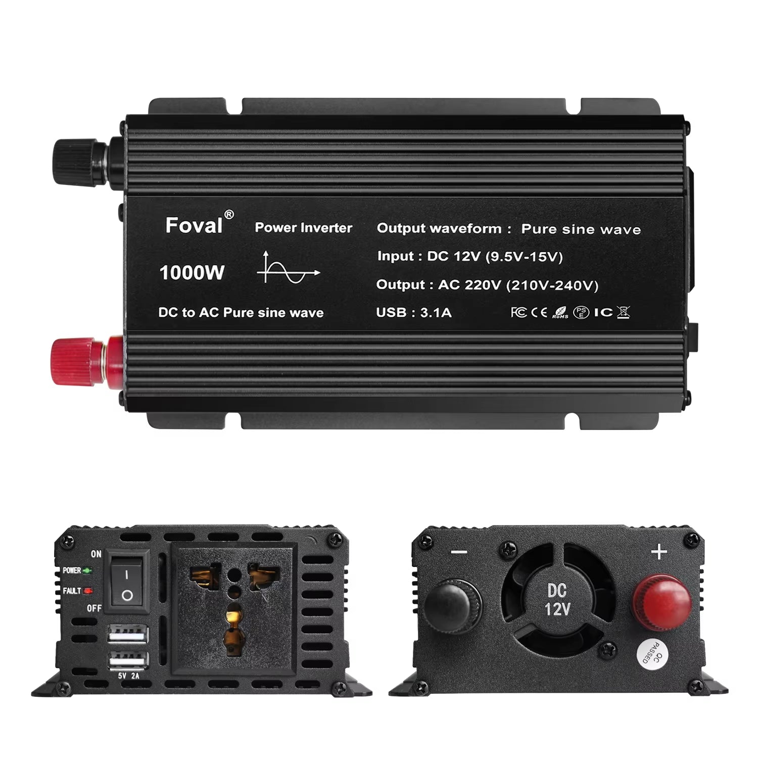 Pure Sine Wave 1000W 1500W 2200W 2600W DC 12V to AC 220V Car Power Inverter Adapter Converter with 3.1A Dual USB Eu/Universal