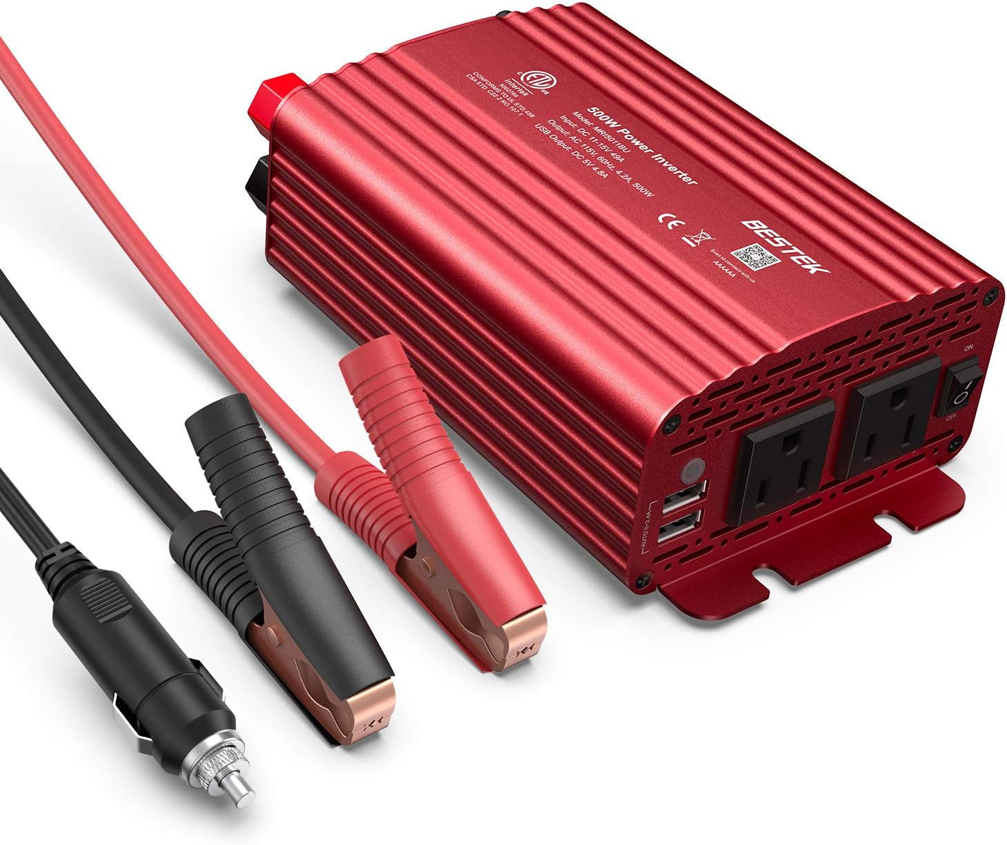 500W Power Inverter DC 12V to 110V AC Converter with Alligator Battery Clamp 4.8A Dual USB Car Charger ETL Listed | 4.8A Dual USB Ports, Dual AC Outlets, Alligator Battery Clamp, Car Charger Adapter for Phone/Laptop/Road Trip