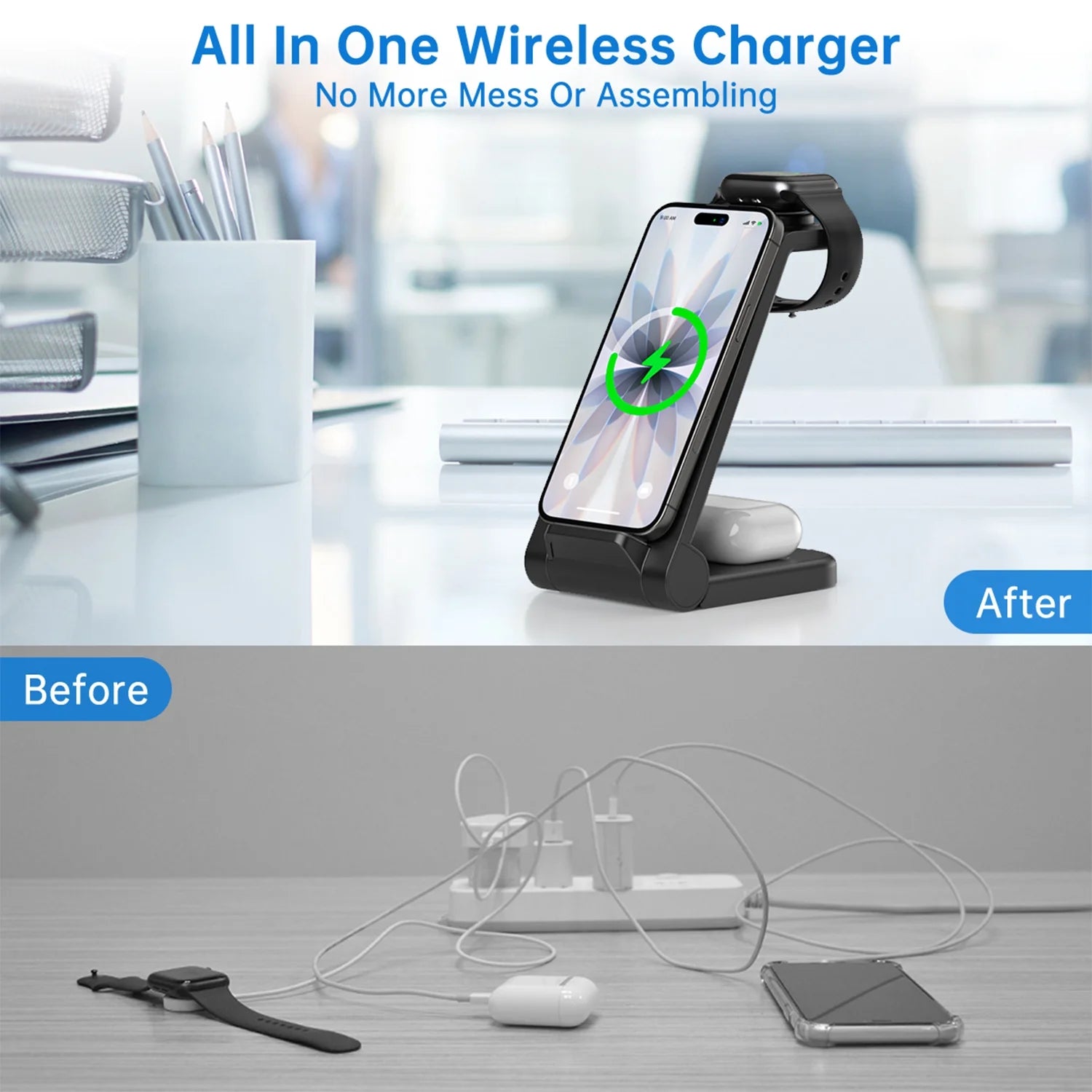 Fast Wireless Charger Station, 23W Wireless Charging Stand for Iphone 16/15/14/13/13 Pro/ 12/12 Pro/11/Xs Max/Xr/X/Galaxy S23 S22 S21 S10, Charging Station for Airpods 4/3/2/Pro, Iwatch Series