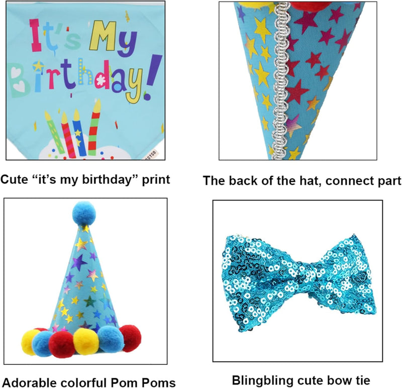 ADOGGYGO Dog Birthday Hat, Blue Birthday Boy Bandana with Bow Tie, Large | 3 Sizes, It'S My Birthday Dog Bandana, Colorful Pom Pom Hat, Bow Tie & Age Numbers for Medium Large Dogs