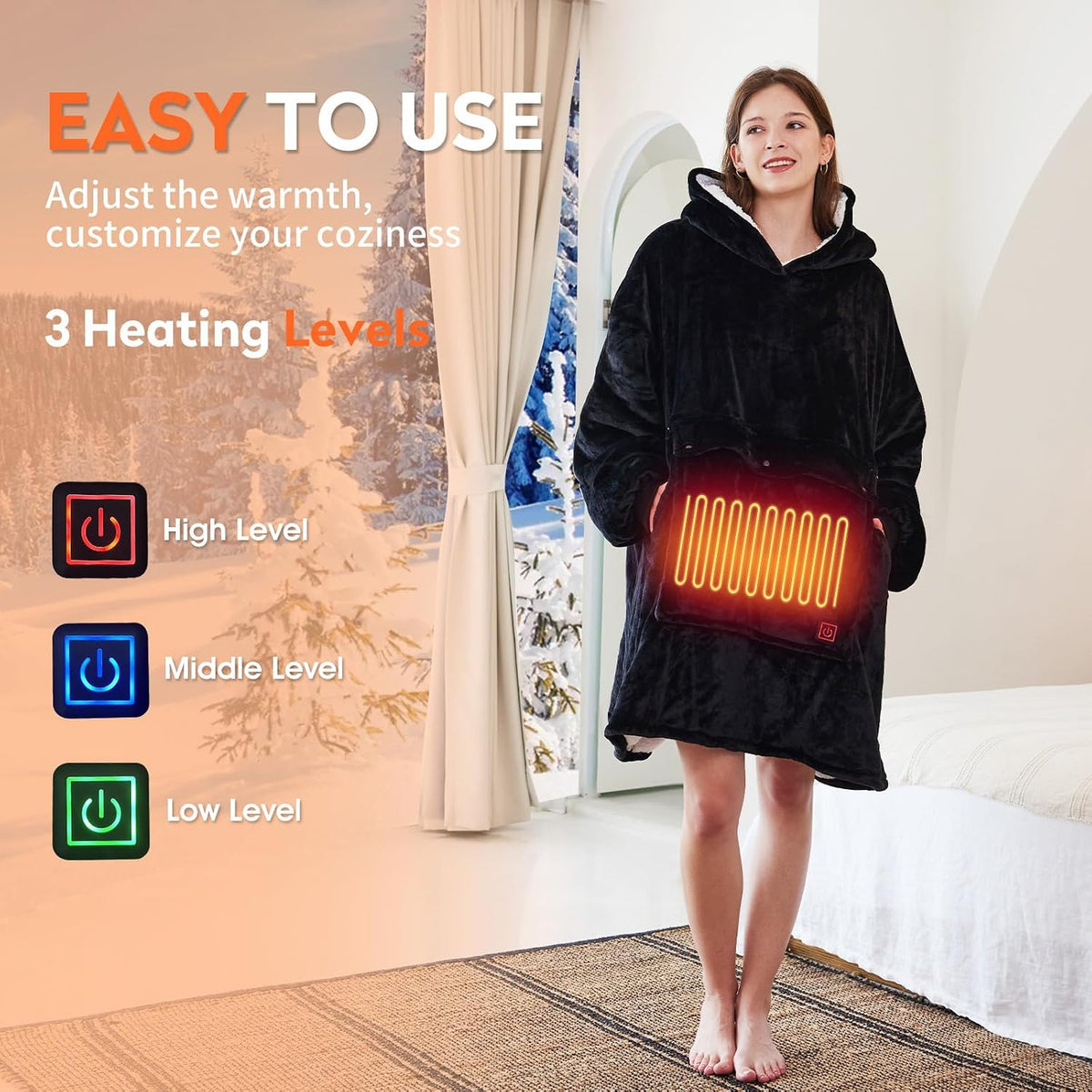 Askyli Wearable Heated Blanket Hoodie, USB Heated Oversized Hooded Blanket Adult 3 Heat Settings, Overheat Protection Cozy Warm Heated Hoodie Blanket Sweatshirt for Women with Sleeves & Giant Pocket