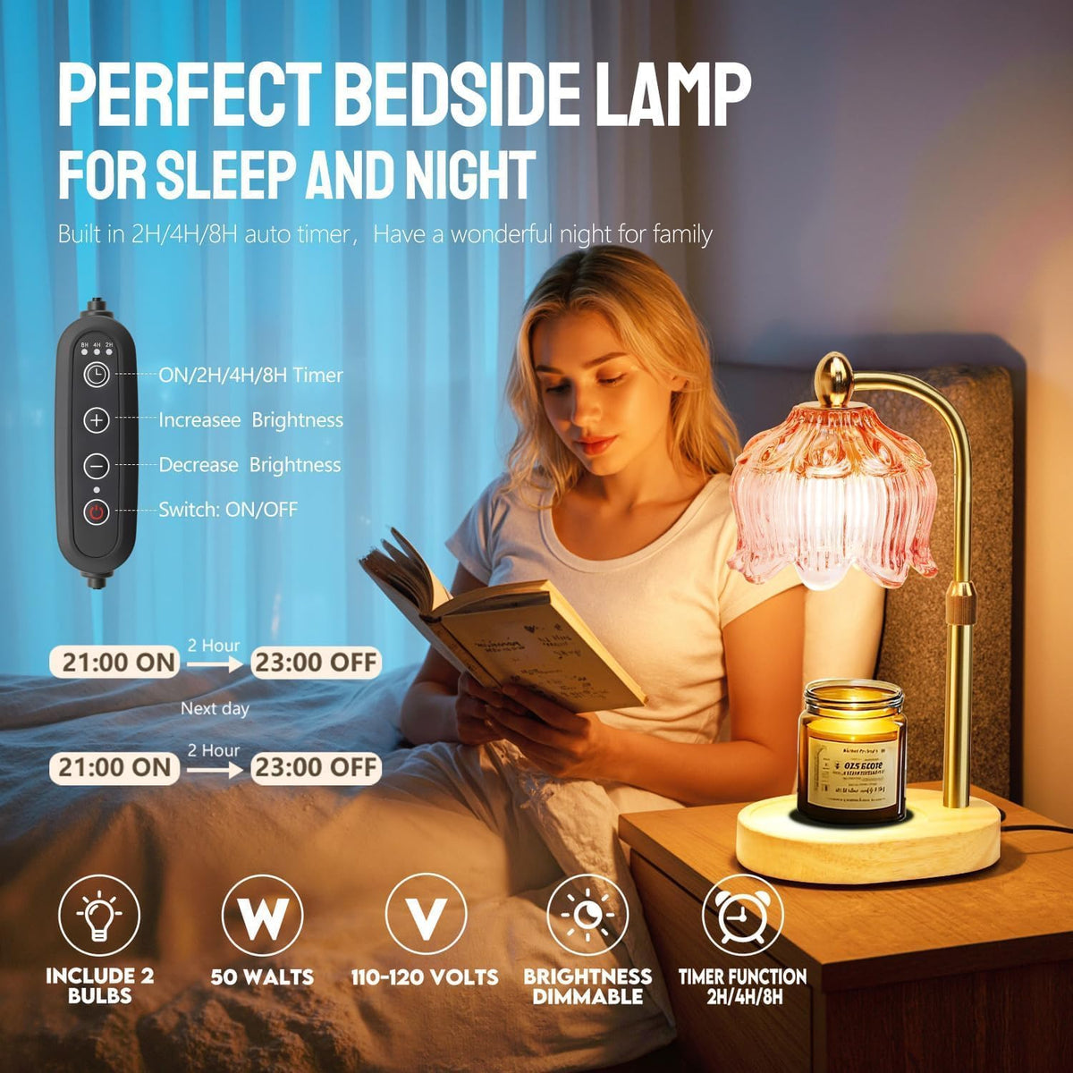 Candle Warmer Lamp with Timer Electric Adjustable Height Candle Warmer Dimmable Wax Warmer Lamp Jar Candles with 2 Bulbs for Home Decor & Office
