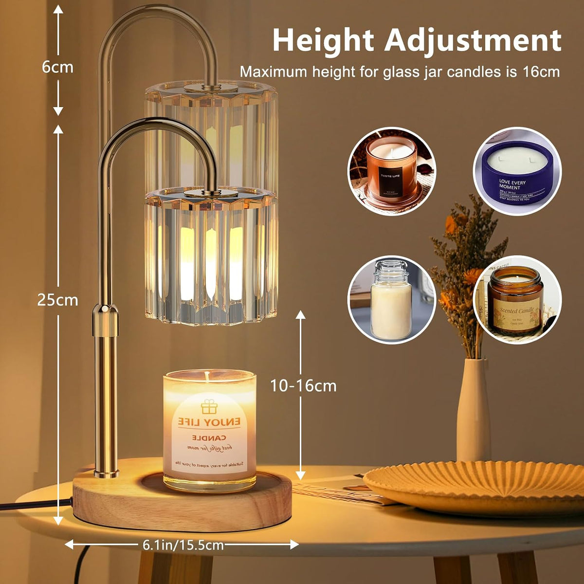 Candle Warmer Lamp with 2 Bulbs, Timer and Dimmer, Adjustable Height, Birthday Gifts for Women Mom, Wax Melt Warmer for Scented Jar Candles (074 Gold + 2 Replacement Bulbs)