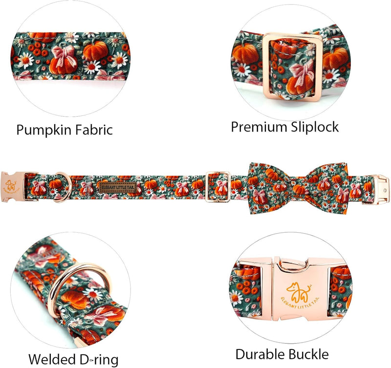Elegant Little Tail Fall Dog Collar, Halloween Pet Collars with Bow Cute Flower Pumpkin Print Puppy Collar Female or Male Cotton Adjustable Collars for Small Medium Large Dogs