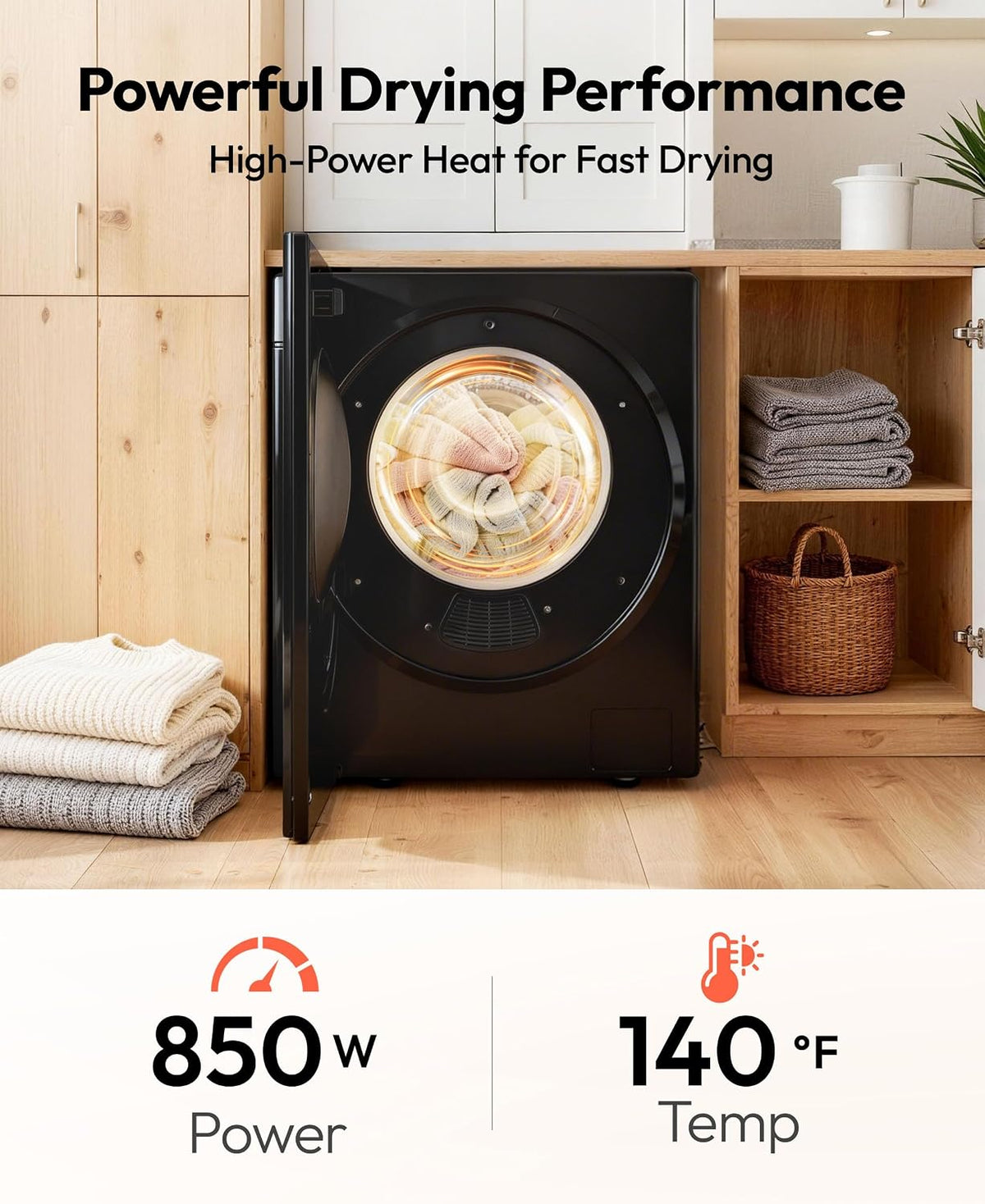 EUHOMY 1.5 Cu.Ft Portable Dryer with 4 Drying Programs, Mirror Finish & LCD Control Panel, 850W Mini Dryer for Apartment, Dorm & RV, Black
