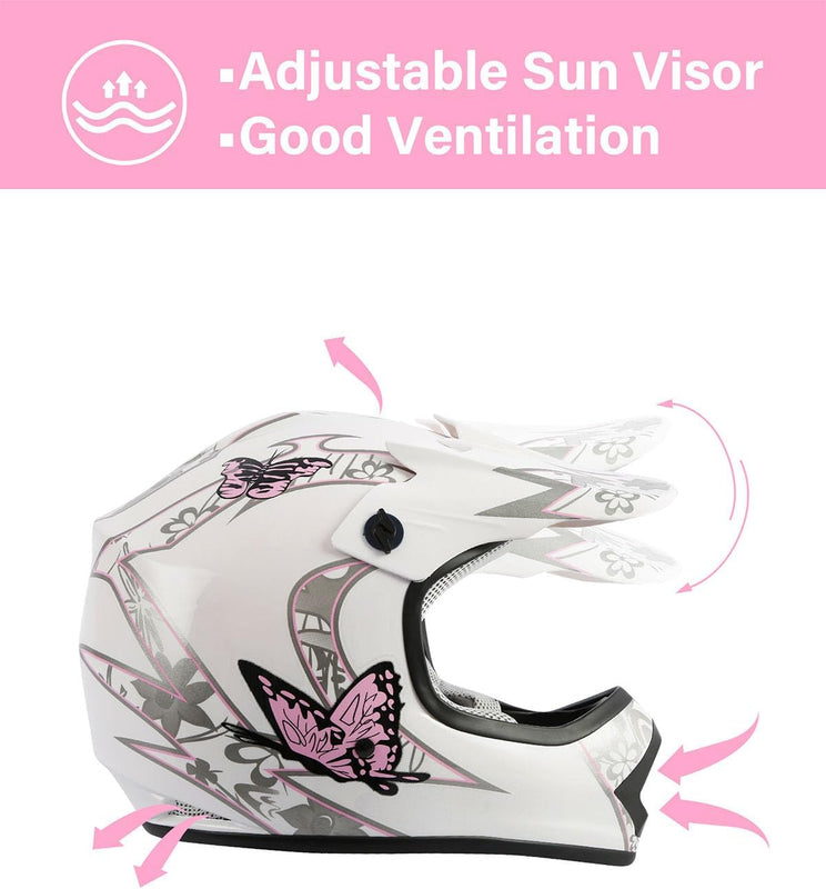 Girls Youth Kids Dirt Bike Helmet Full Face Motocross DOT Approved Helmets | Ultra-Light Design, Adjustable Visor and Washable Liner for Four Wheeler Motocross BMX MX ATV UTV Go Kart Racing