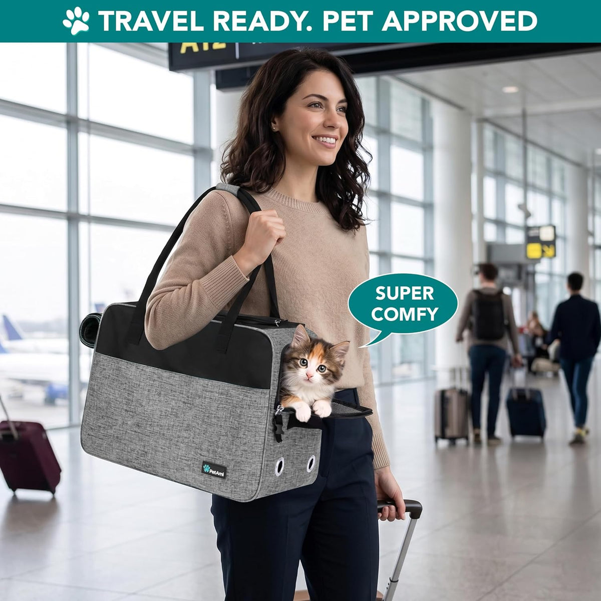 Petami Dog Purse Carrier for Small Dogs Cats, TSA Airline Approved Soft-Sided Pet Carrier with Pockets, Ventilated Travel Tote Bag with Bed & Shoulder Strap, Puppy Kitten, Max 12 Lbs, Heather Grey