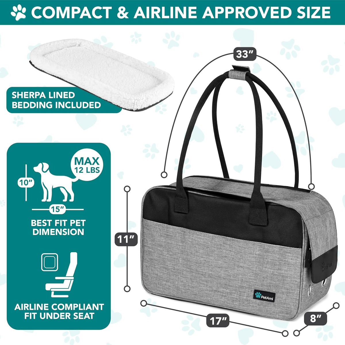Petami Dog Purse Carrier for Small Dogs Cats, TSA Airline Approved Soft-Sided Pet Carrier with Pockets, Ventilated Travel Tote Bag with Bed & Shoulder Strap, Puppy Kitten, Max 12 Lbs, Heather Grey