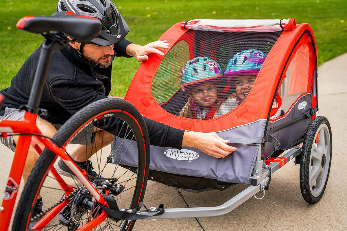 Instep Take 2 Double Seat Bike Child Trailer, Max Weight 80 Lbs., 5-Point Harness, Folding Frame, Quick Release Wheels, Bug Screen & Weather Shield, Red
