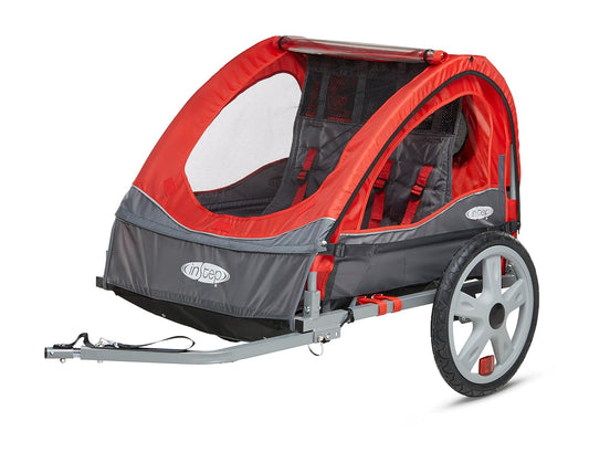 Instep Take 2 Double Seat Bike Child Trailer, Max Weight 80 Lbs., 5-Point Harness, Folding Frame, Quick Release Wheels, Bug Screen & Weather Shield, Red