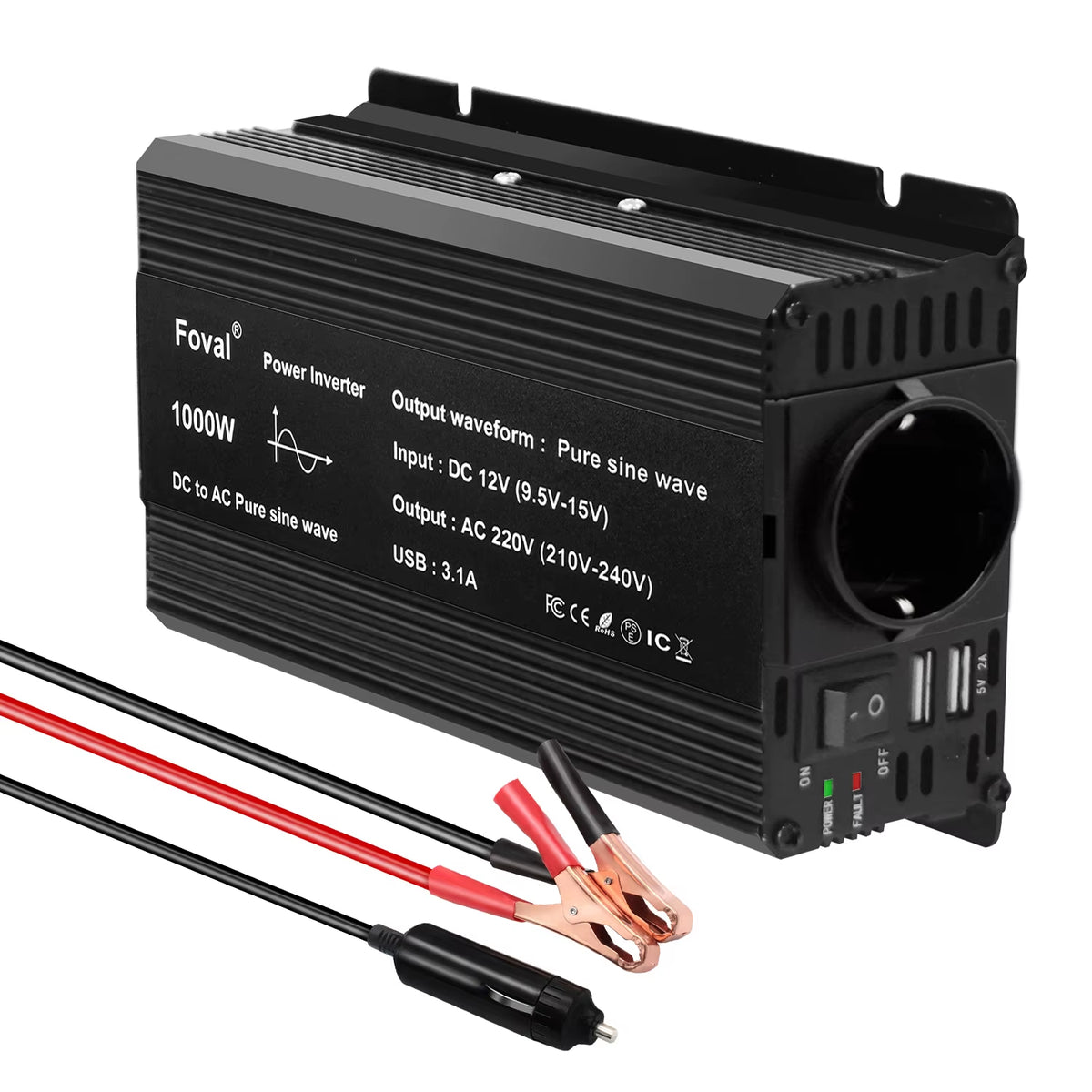 Pure Sine Wave 1000W 1500W 2200W 2600W DC 12V to AC 220V Car Power Inverter Adapter Converter with 3.1A Dual USB Eu/Universal