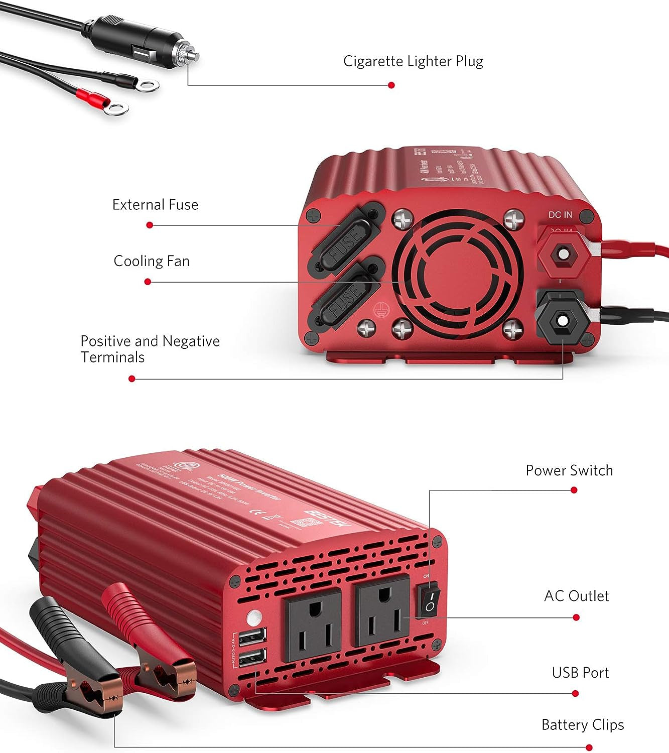 500W Power Inverter DC 12V to 110V AC Converter with Alligator Battery Clamp 4.8A Dual USB Car Charger ETL Listed | 4.8A Dual USB Ports, Dual AC Outlets, Alligator Battery Clamp, Car Charger Adapter for Phone/Laptop/Road Trip