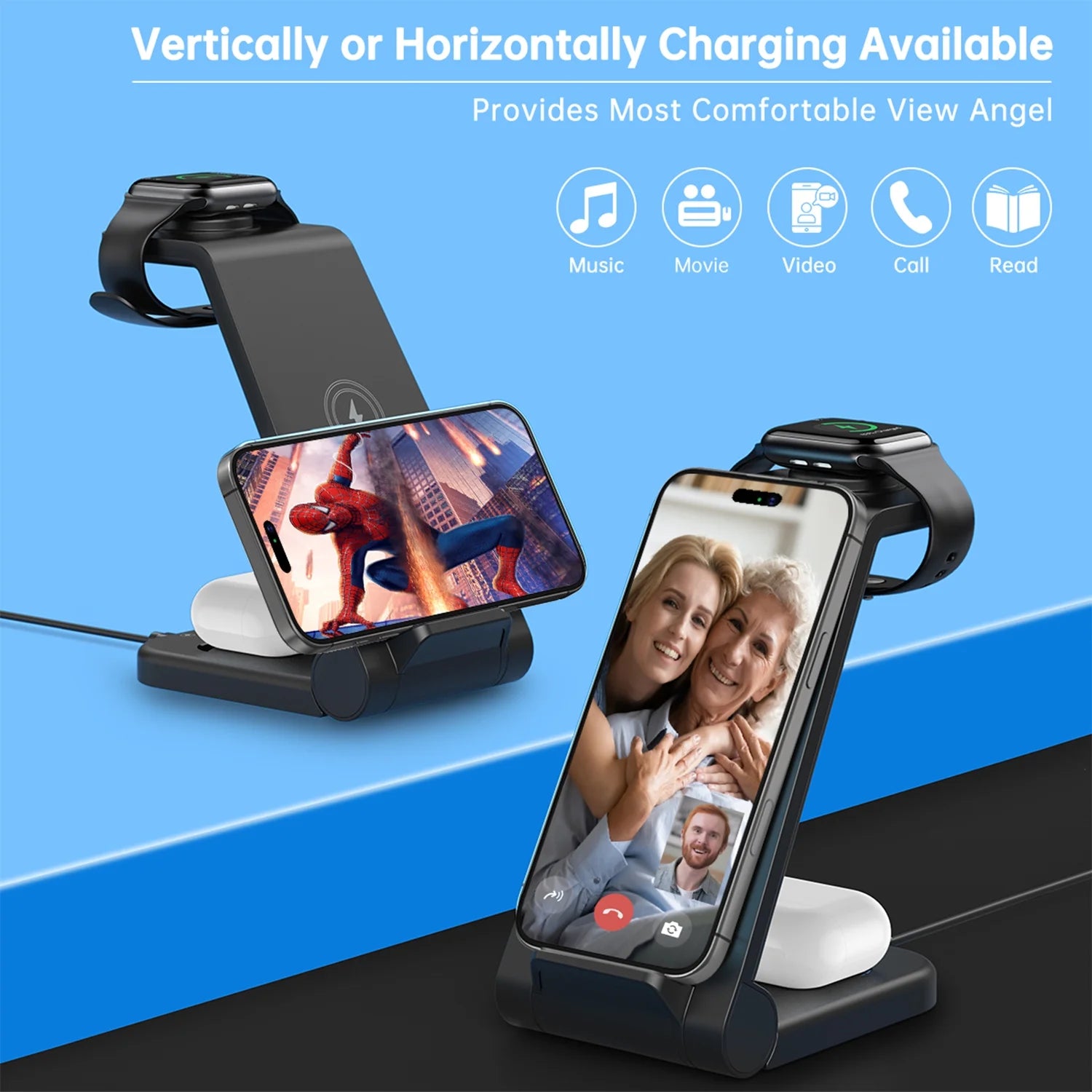 Fast Wireless Charger Station, 23W Wireless Charging Stand for Iphone 16/15/14/13/13 Pro/ 12/12 Pro/11/Xs Max/Xr/X/Galaxy S23 S22 S21 S10, Charging Station for Airpods 4/3/2/Pro, Iwatch Series
