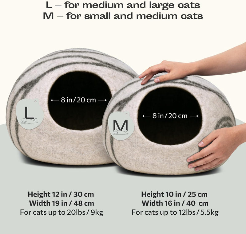 MEOWFIA Cat Cave - Merino Wool Bed for Indoor Cats (Light Gray, Medium) | Cat Bed Enclosure, Premium Felt, Handmade, Super Soft, Lightweight, Breathable, Adjustable Shape