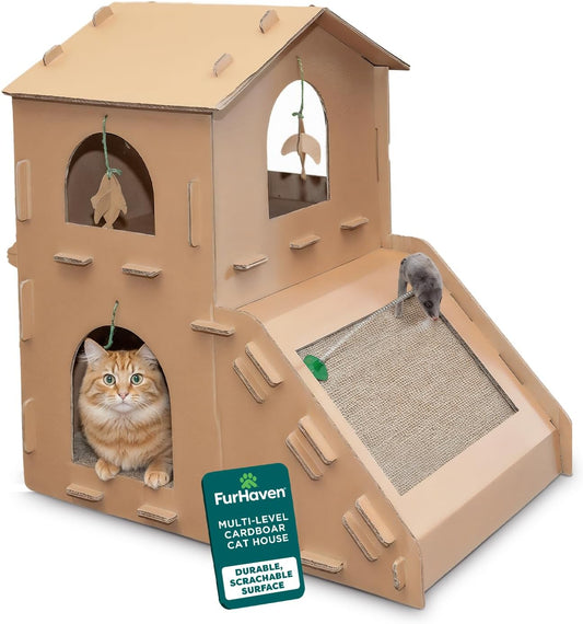 Furhaven Townhouse Multi-Level Cardboard Cat House for Indoor Cats with Catnip & Toys, Double-Walled Corrugated Scratcher Designed for Lounging, Play & Comfort, One Size, Cardboard, Brown