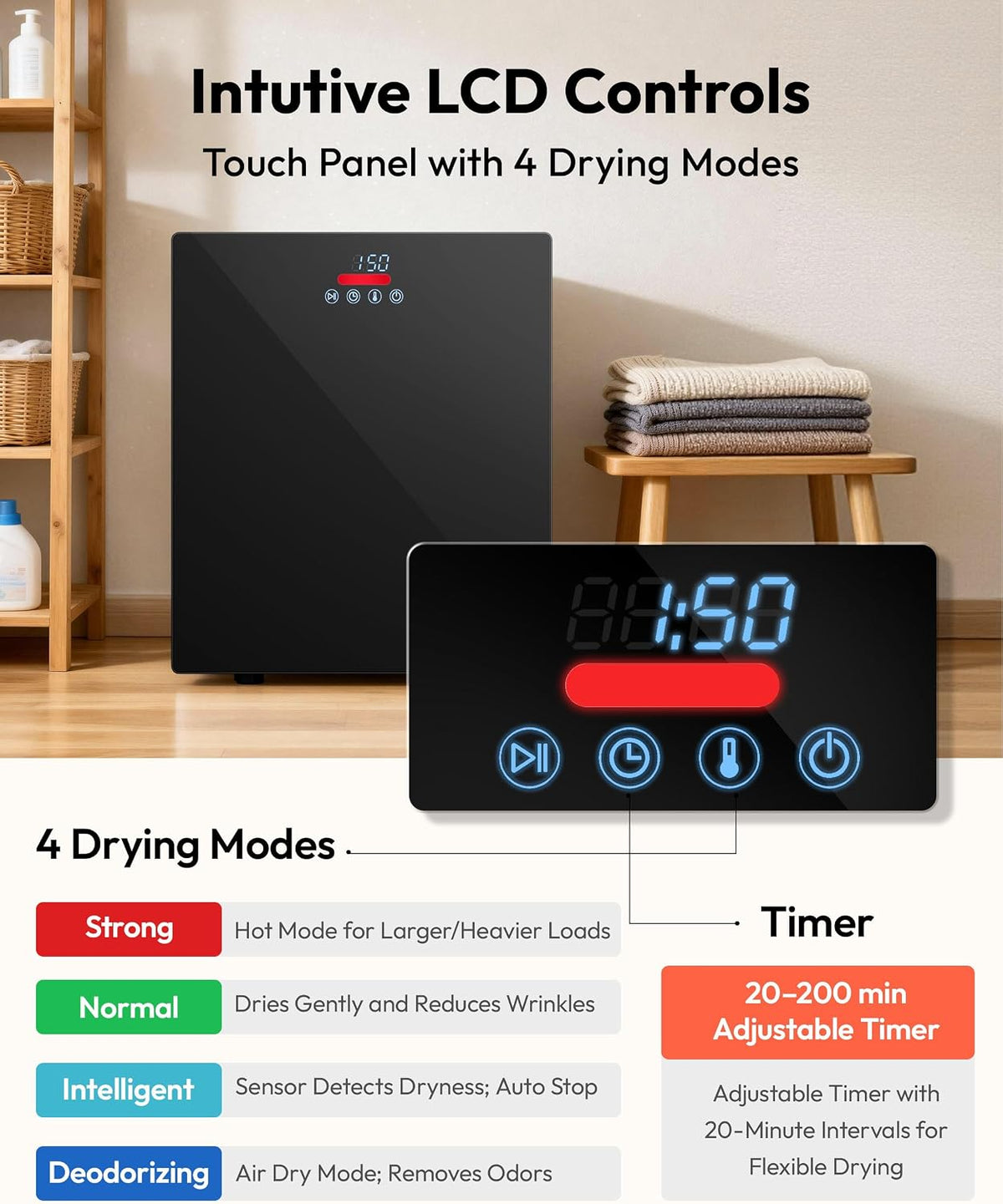 EUHOMY 1.5 Cu.Ft Portable Dryer with 4 Drying Programs, Mirror Finish & LCD Control Panel, 850W Mini Dryer for Apartment, Dorm & RV, Black