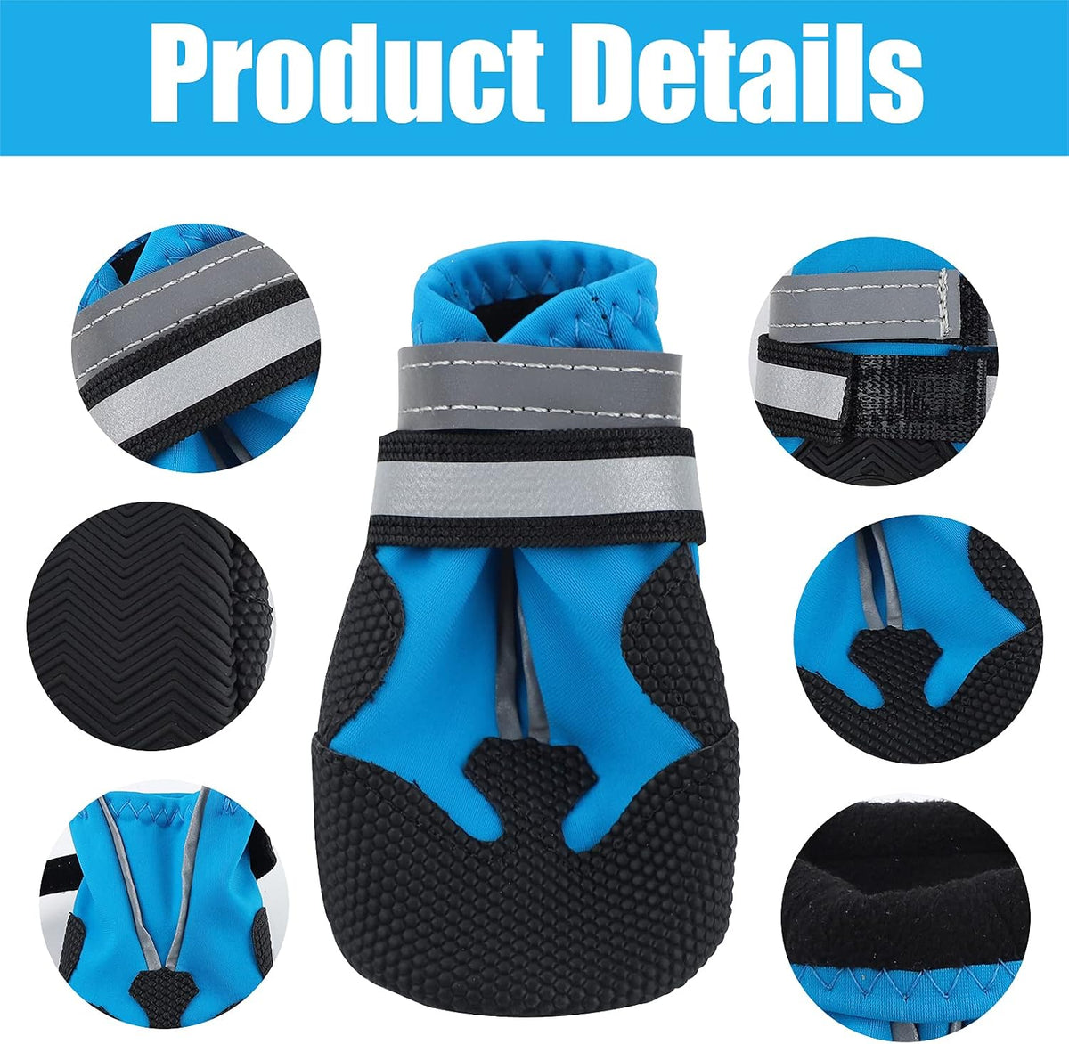 Dog Boots, Set of 4 Waterproof Dog Shoes with Reflective Straps Anti-Slip Sole Outdoor Paw Protectors Puppy Shoes for Small Medium Dogs Autumn Winter (Blue, L)